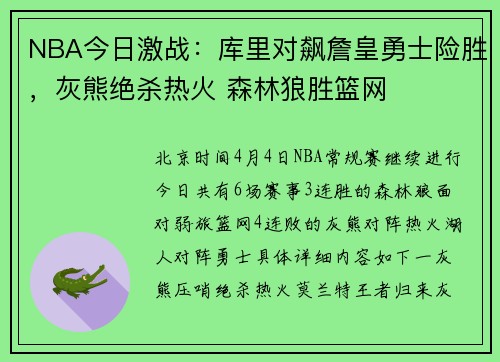 NBA今日激战：库里对飙詹皇勇士险胜，灰熊绝杀热火 森林狼胜篮网